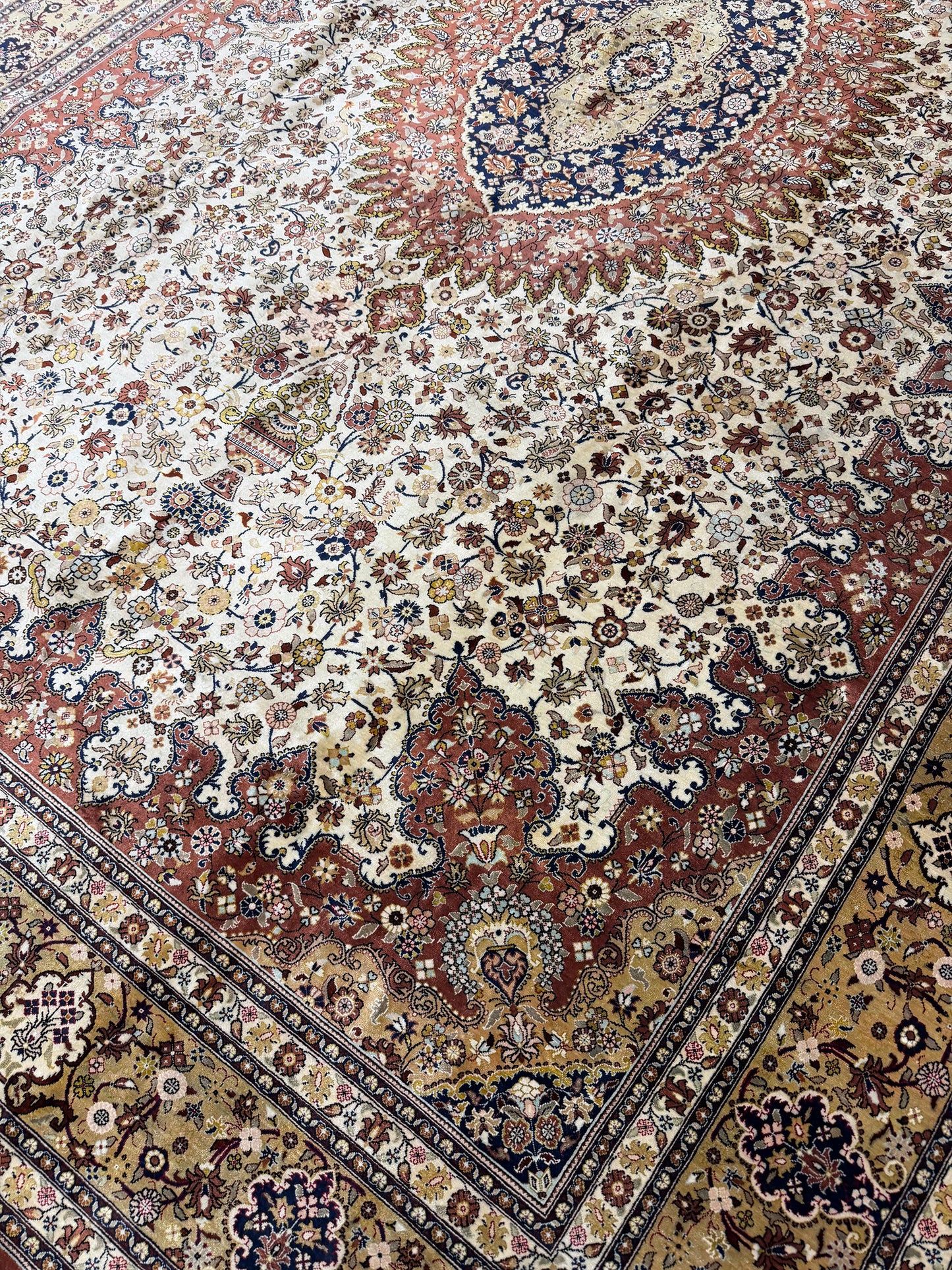 Fine Vintage Persian Silk Qum - pure silk - styled in room setting