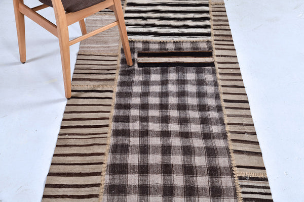 Antique Persian Ghashghaei Kilim Runner - flat-weave kilim - overhead flat lay view [#6]