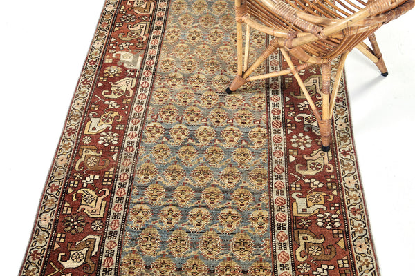 Vintage Persian Bidjar Boteh Runner - narrow runner - close-up of weave texture and pile