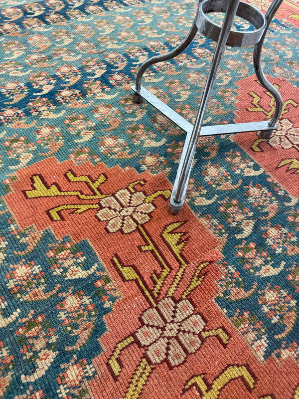 Antique Turkish Oushak - hand-knotted in Turkey - styled in room setting [#22]