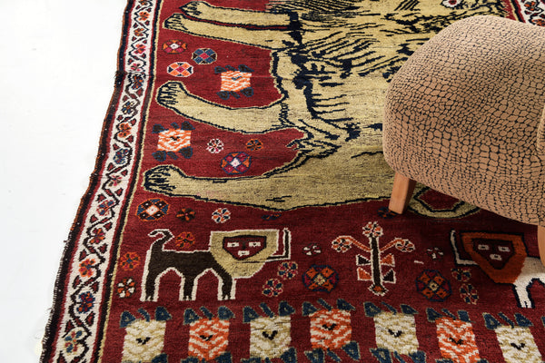 Antique Persian Ghashghaei "Lion Rug" - full length showing color variation