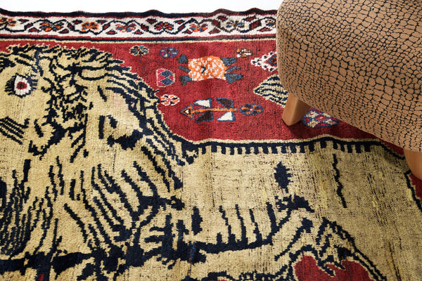 Antique Persian Ghashghaei "Lion Rug" - overhead flat lay view