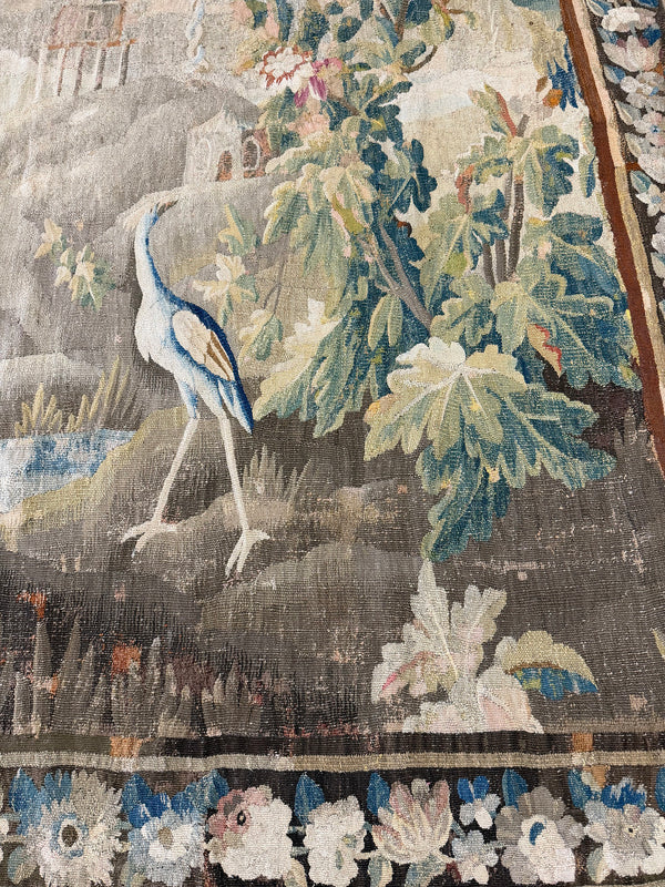 17th Century Antique Flemish Tapestry - hand-woven tapestry, Flemish hand-woven - detailed border and fringe [#1]