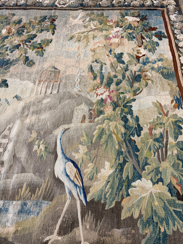 17th Century Antique Flemish Tapestry - hand-woven tapestry, Flemish hand-woven - overhead flat lay view [#1]