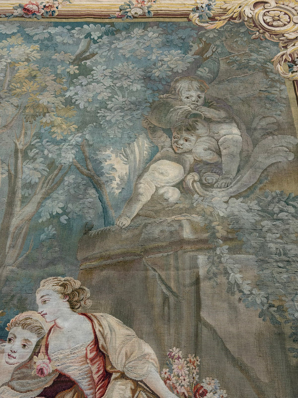 Antique French Tapestry - hand-woven tapestry, French hand-woven - detailed border and fringe [#6]