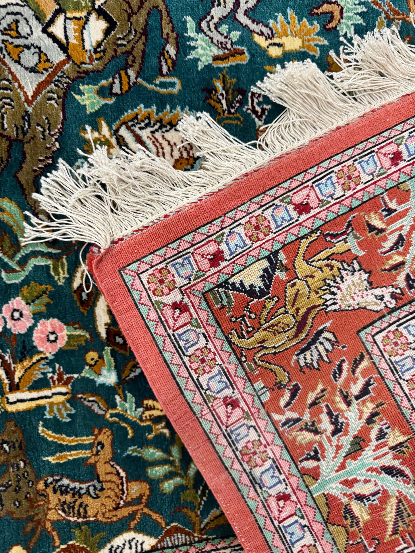Vintage Ex-Fine Persian Silk Qum - pure silk - styled in room setting [#1]