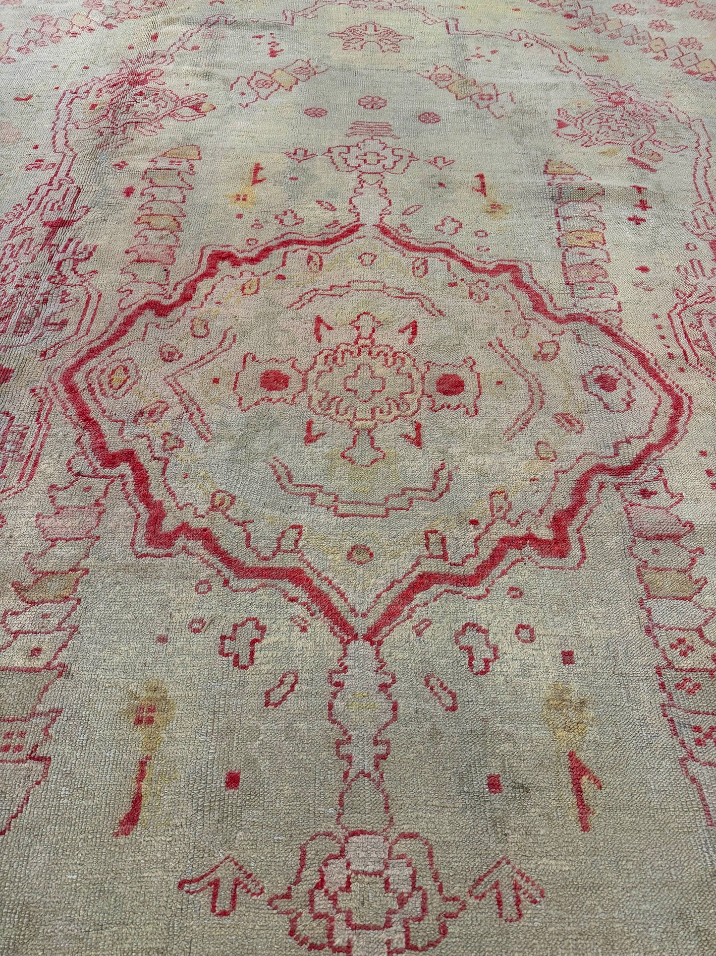 Antique Turkish Oushak - hand-knotted in Turkey - overhead flat lay view [#24]
