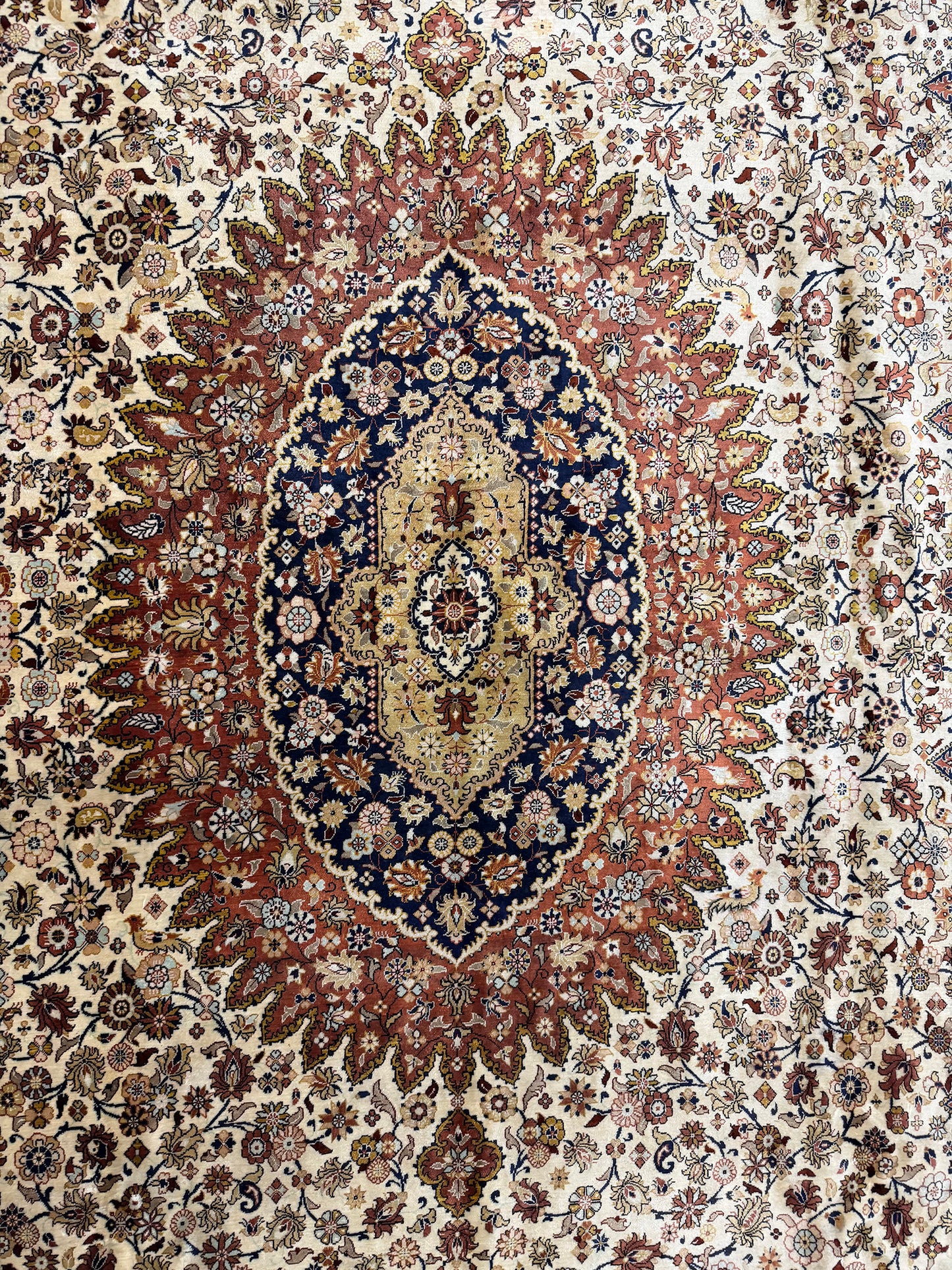 Fine Vintage Persian Silk Qum - pure silk - overhead flat lay view