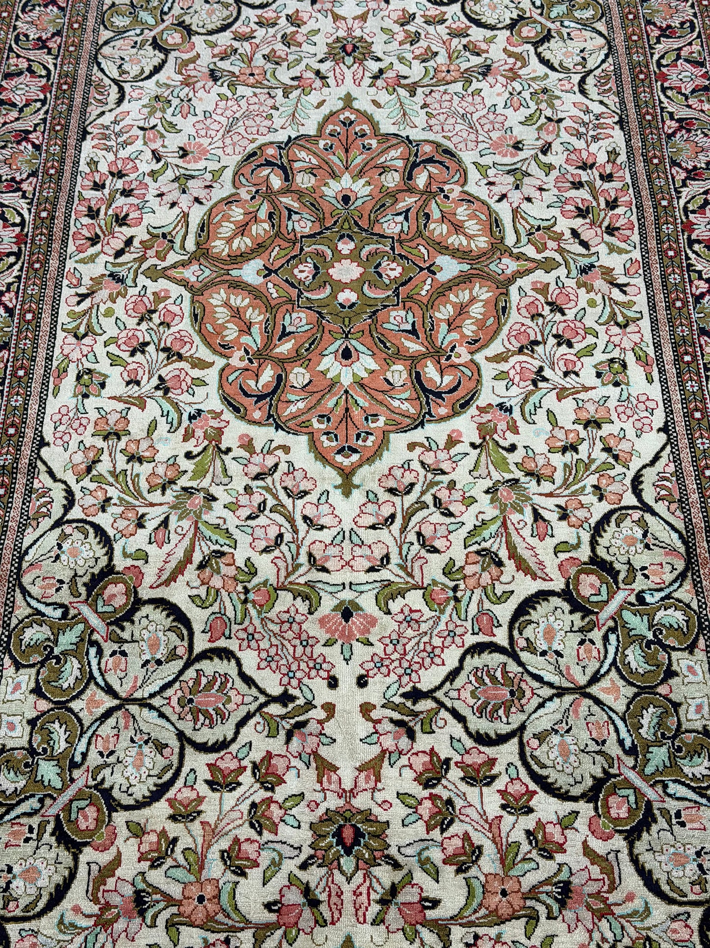 Vintage Persian Qum Silk Runner - pure silk - detailed border and fringe