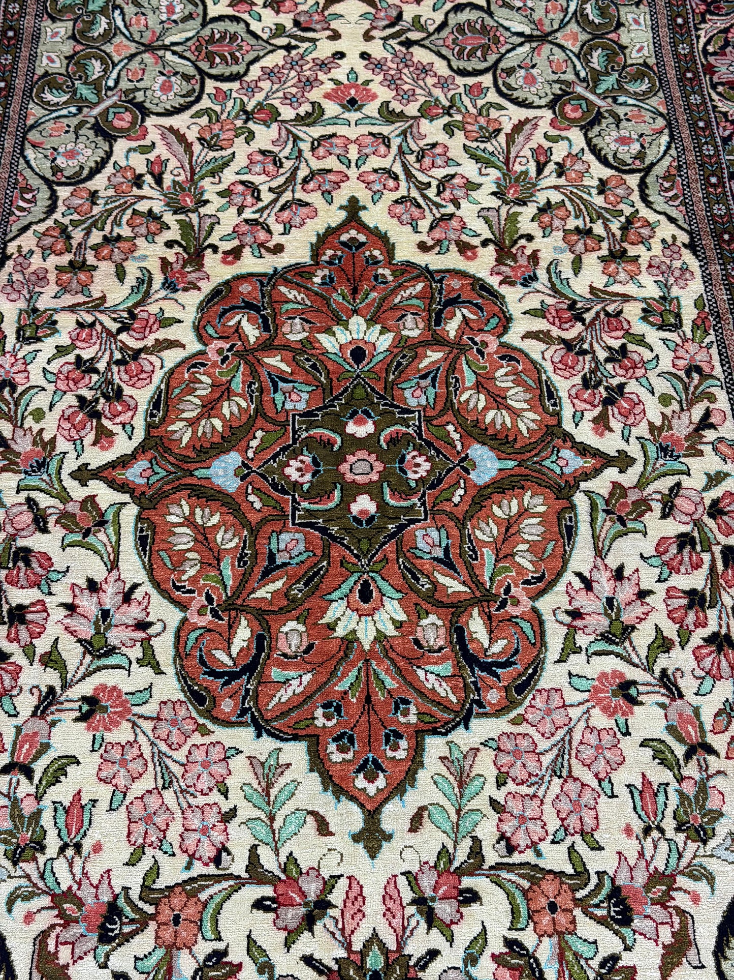 Vintage Persian Qum Silk Runner - pure silk - overhead flat lay view