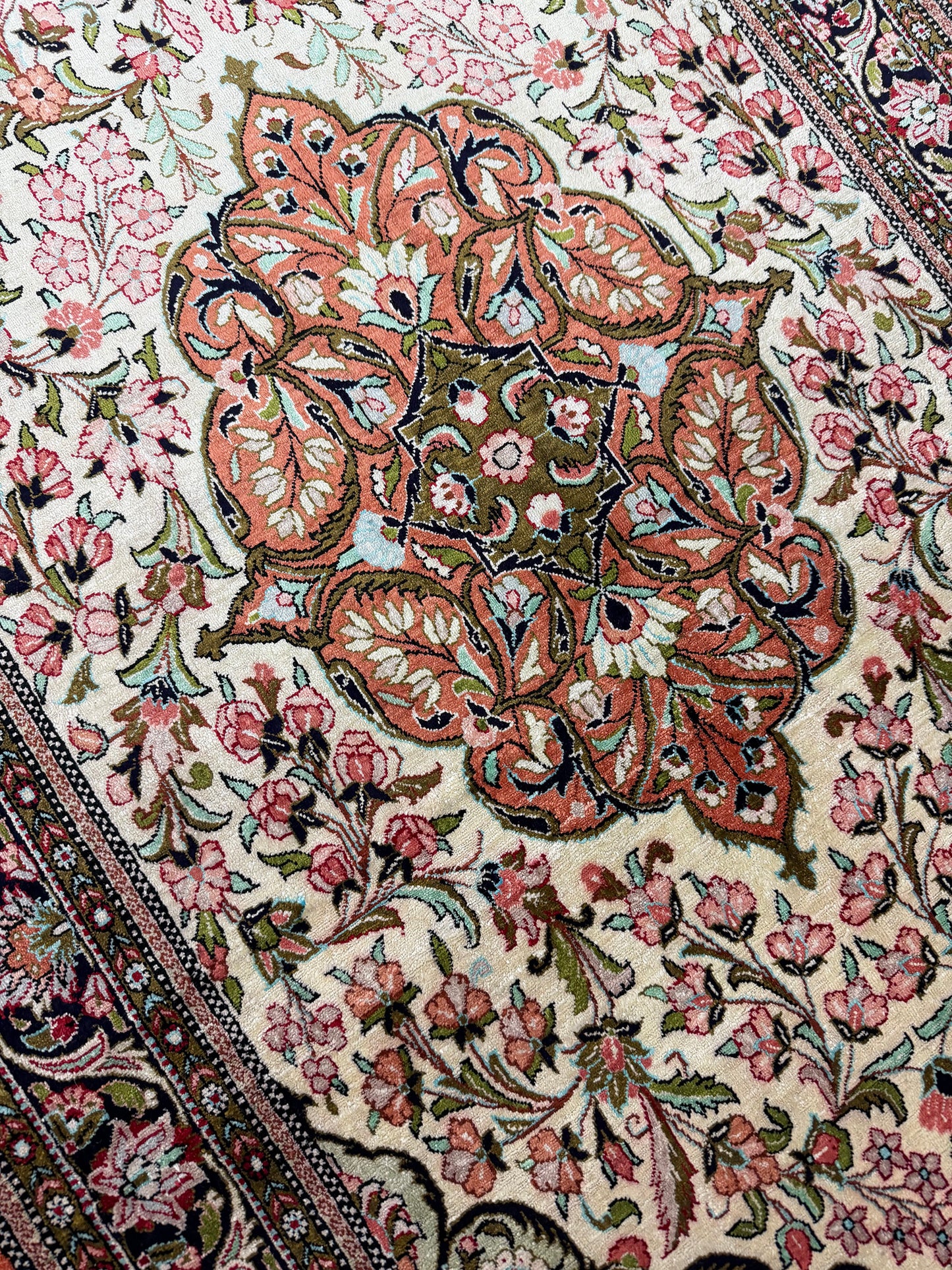 Vintage Persian Qum Silk Runner - pure silk - close-up of weave texture and pile