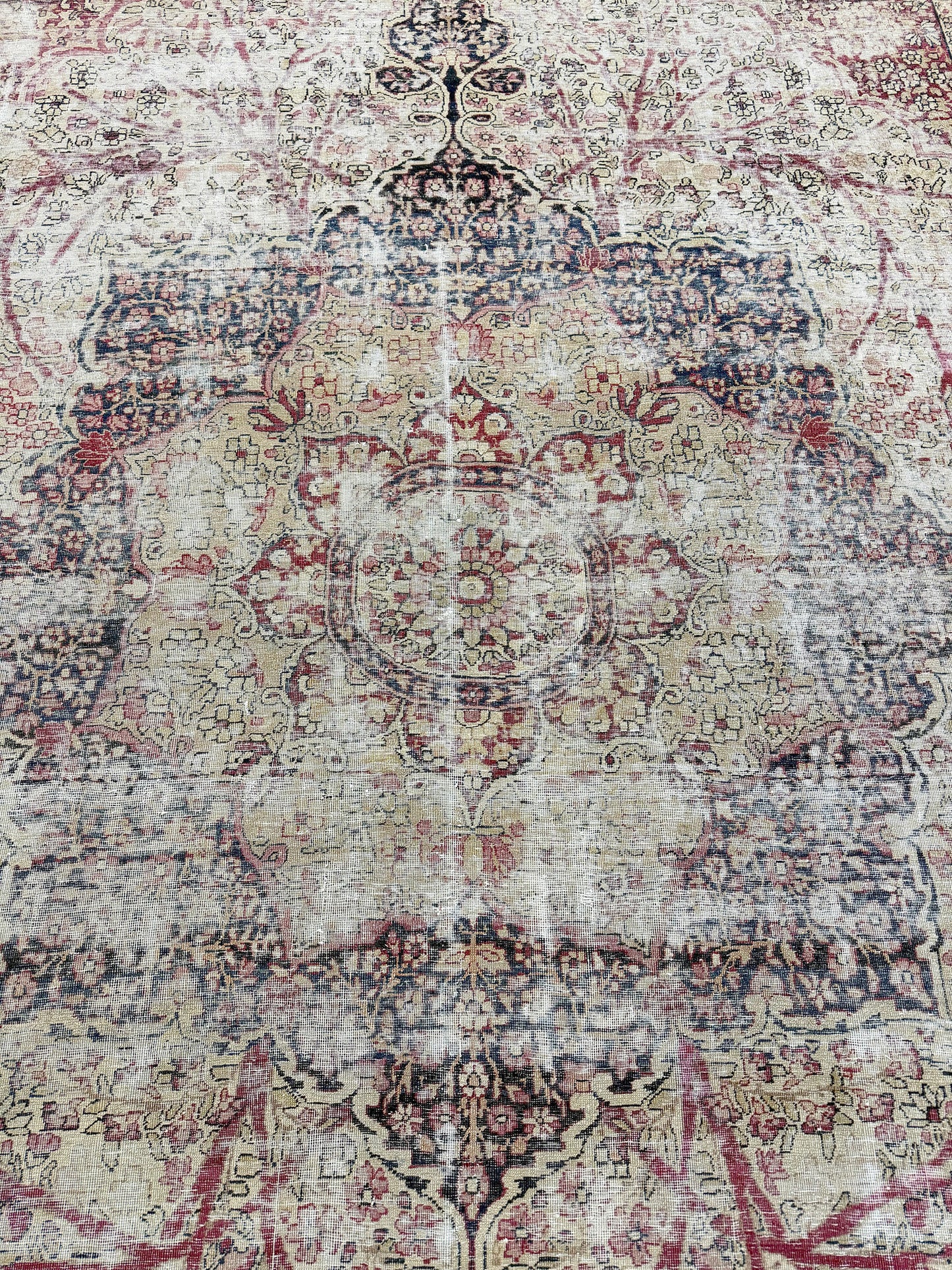 Antique Persian Lavar Kerman Rug - overhead flat lay view