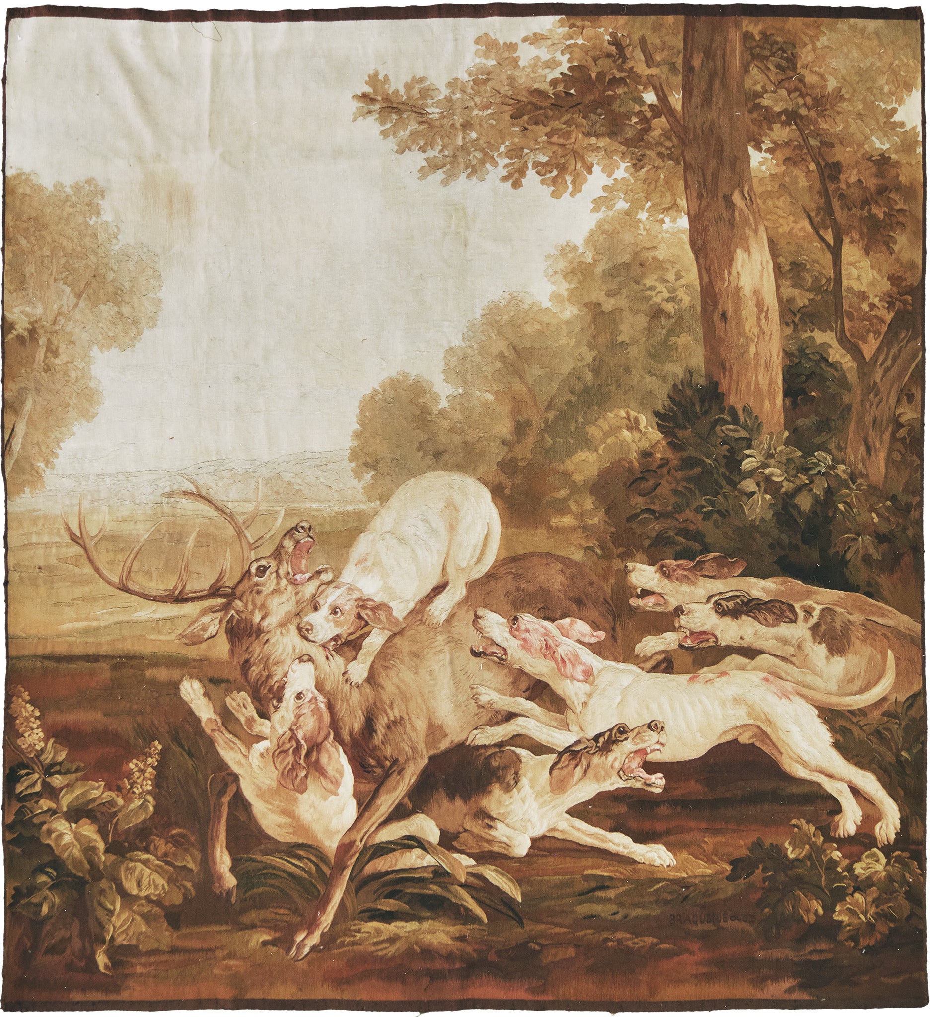 Antique French Tapestry Hunting Dogs