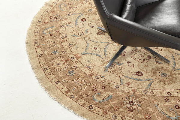 Natural Dye Sultanabad Revival Round Rug - artisan revival weave - detailed border and fringe [#6]