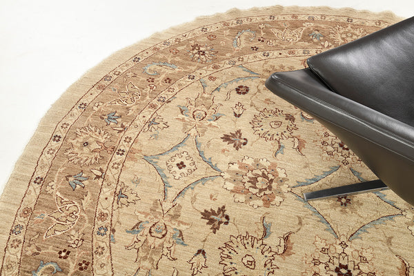 Natural Dye Sultanabad Revival Round Rug - artisan revival weave - styled in room setting [#6]