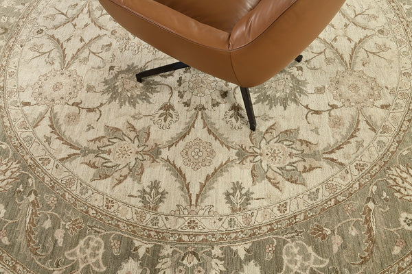 Vintage Style Sultanabad Revival Round Rug - artisan revival weave - styled in room setting [#10]