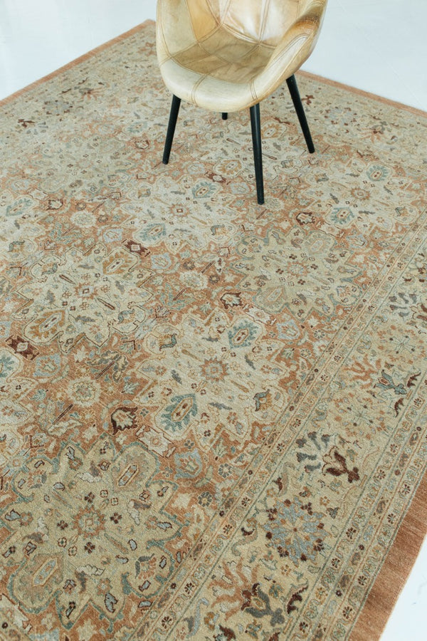 Natural Dye Sarouk Farahan Revival - artisan revival weave - styled in room setting
