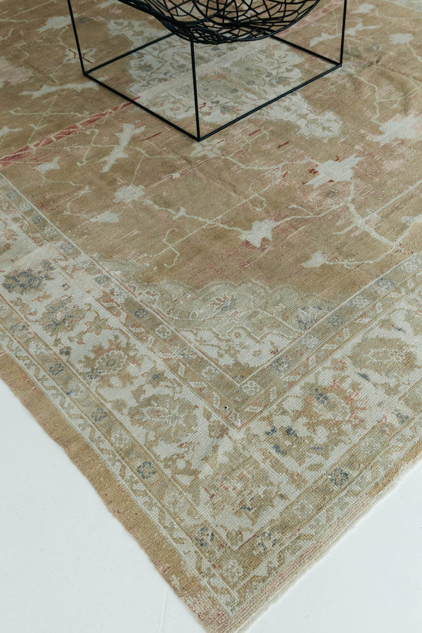Vintage Turkish Oushak Rug - hand-knotted in Turkey - styled in room setting [#2]