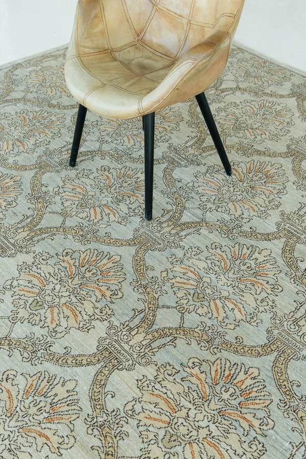 Natural Dye Damask Design Rug Divine - styled in room setting