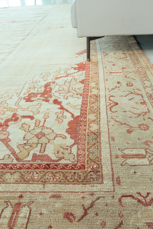 Antique Turkish Oushak Rug - hand-knotted in Turkey - close-up of weave texture and pile [#10]