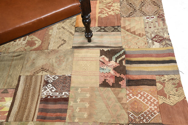 Vintage Turkish Patchwork - upcycled patchwork, hand-knotted in Turkey - close-up of weave texture and pile [#3]