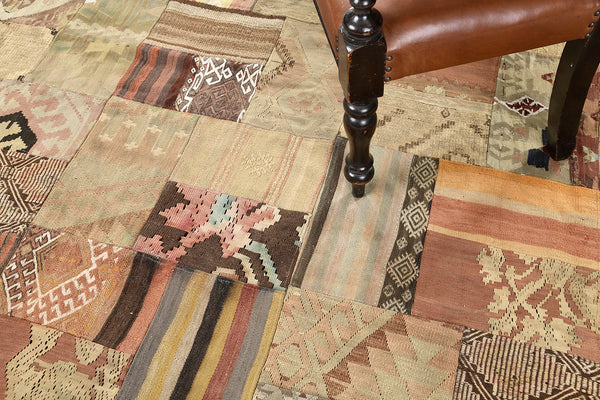 Vintage Turkish Patchwork - upcycled patchwork, hand-knotted in Turkey - styled in room setting [#3]