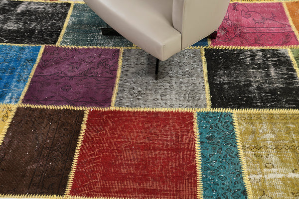 Vintage Turkish Patchwork - upcycled patchwork, hand-knotted in Turkey - overhead flat lay view [#1]