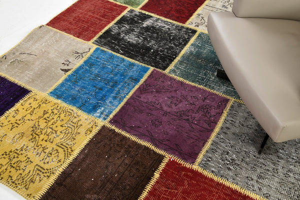 Vintage Turkish Patchwork - upcycled patchwork, hand-knotted in Turkey - close-up of weave texture and pile [#1]