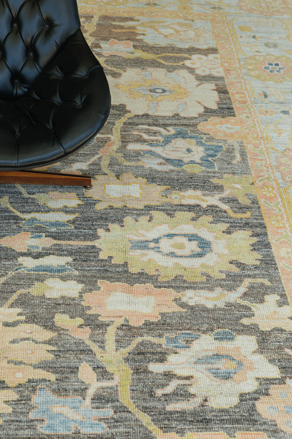 Turkish Oushak Rug - hand-knotted in Turkey - full length showing color variation [#1]