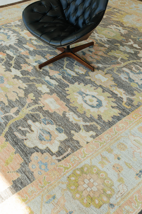 Turkish Oushak Rug - hand-knotted in Turkey - styled in room setting [#1]
