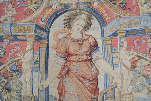 Vintage French Tapestry - hand-woven tapestry, French hand-woven - overhead flat lay view