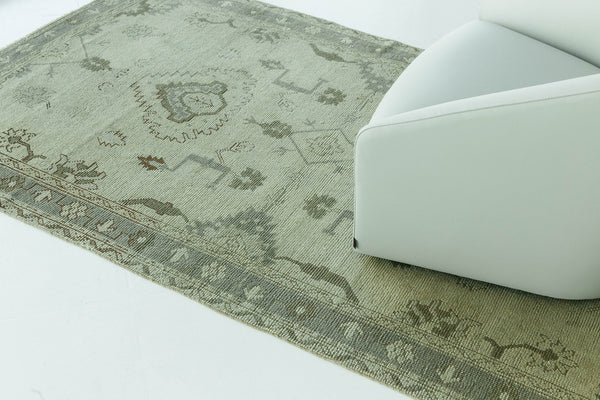 Vintage Turkish Oushak Rug - hand-knotted in Turkey - styled in room setting [#3]