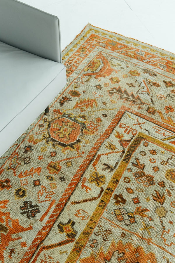 Antique Turkish Oushak Rug - hand-knotted in Turkey - overhead flat lay view [#8]